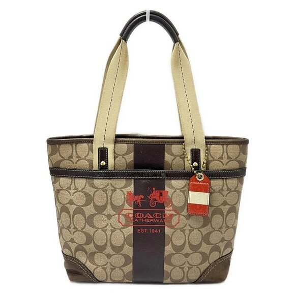 Auth COACH Heritage Striped Small Tote 11349 Khaki Red Dark Brown PVC Leather - Picture 1 of 9